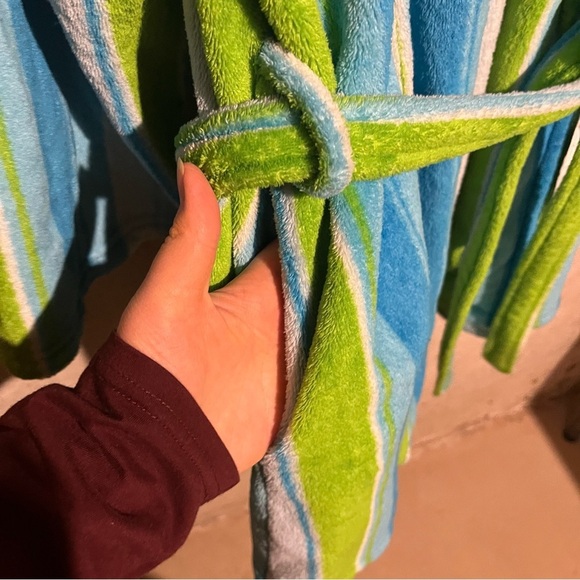 Taylor Marcs Intimate Collections Blue Green Striped Plush Fleece Robe Sz L/XL - Picture 4 of 7